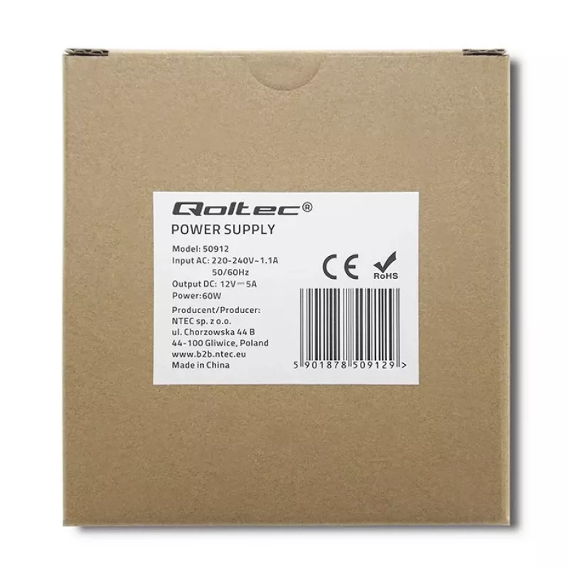 Qoltec Din Rail Power Supply | 60W | 12V | 5A | White | schlank
