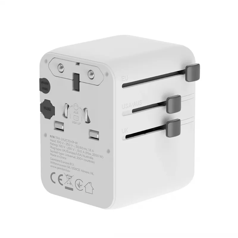 Reiseadapter GEMBIRD TPA-2A3C70-01-W – Steckertyp I, 3× USB-C (70 W), 2× USB-A (18 W), 100–250 V, weiß