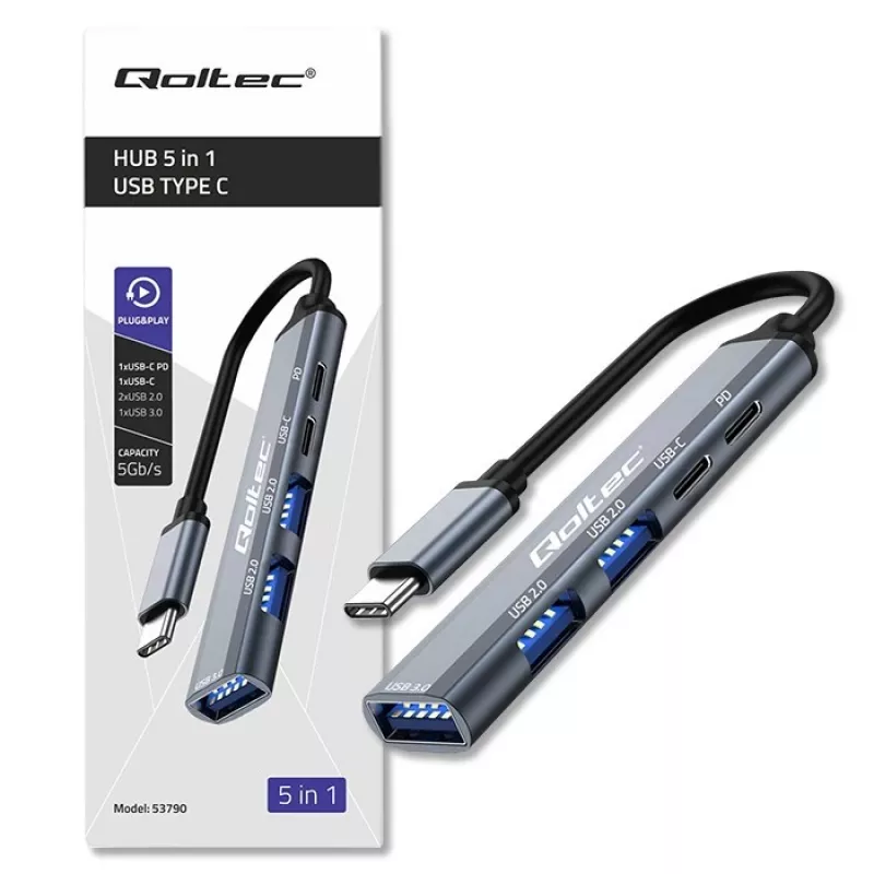 Qoltec 53790 Hub Adapter USB-C 3.1 5in1 | USB-C PD | USB-C | 2x USB 2.0 | USB 3.0