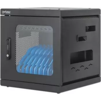 Manhattan Laptop-Ladeschrank Desktop via AC Adapter (EU) 10-Bucht, AC-Adapter (Netzkabel) des Geräts in die Einheit installieren, Geeignet für ALLE Laptops (bis 15,6 Zoll), iPads, MacBooks, Chromebooks, andere USB-C-Geräte, Buchten 380x30x280mm, Wagen, Abschließbarer Stecker