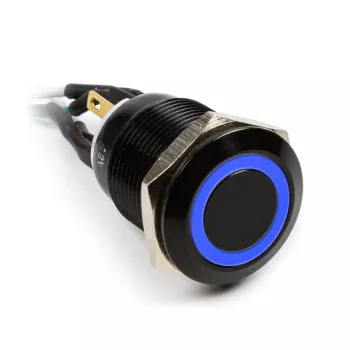 Vandalensicherer Drucktaster Impactics 19 mm, IP65, blaue LED, schwarz