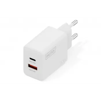 AC USB-Ladegerät DIGITUS 20W, 1x USB-C, 1x USB-A, Eingang 100–240V, Weiß