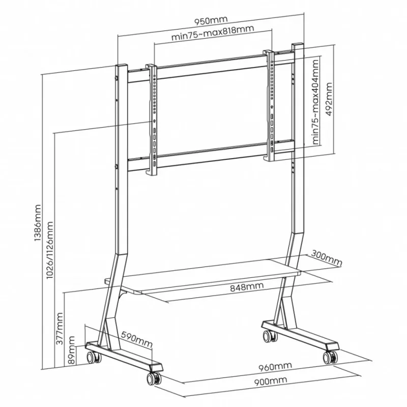 Mobiler TV-Ständer ART STO SD-22 für 45–90 Zoll Bildschirme, VESA 100×100–800×400, Traglast 60 kg, Stahl, Rollen