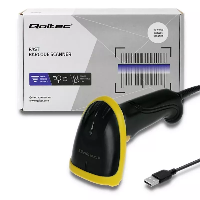 Hand-Barcodelesegerät QOLTEC 50867 — 1D/2D-Laserscanner, USB kabelgebunden, 600 mm Reichweite, gelb/schwarz