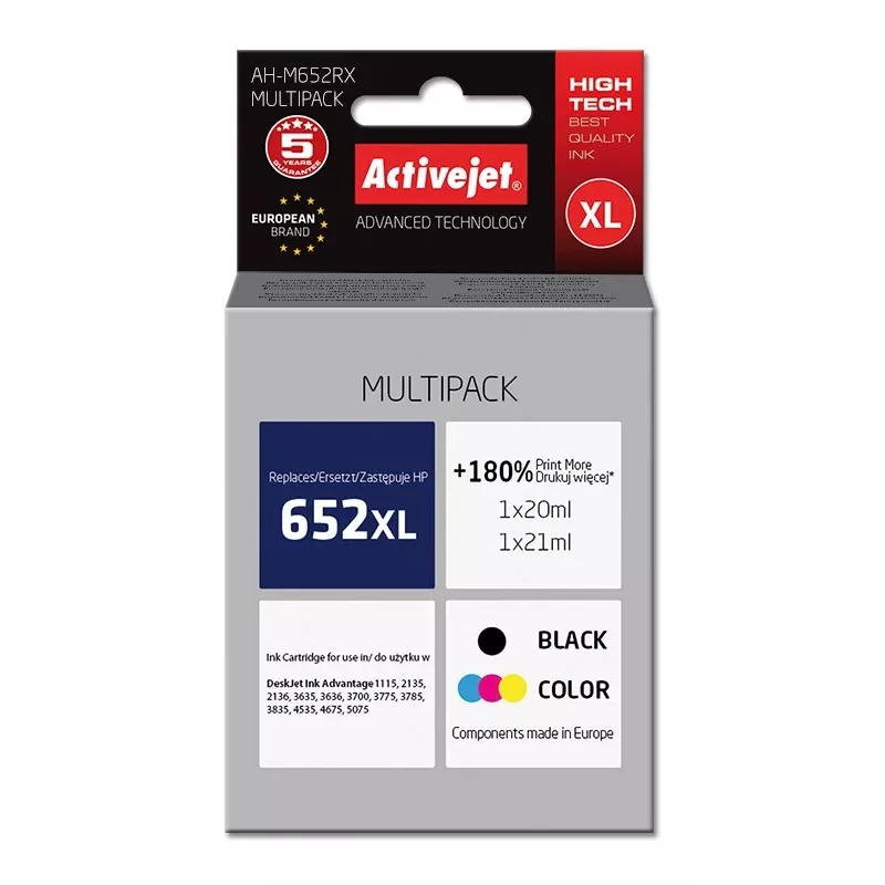 Activejet AH-M652RX Tinte (Ersatz für HP 652 F6V25AE/F6V24AE; Premium; 1 x 20 ml, 1 x 21 ml; schwarz, farbig)