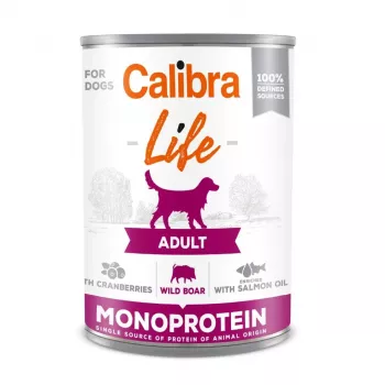 Nassfutter für Hunde Calibra Adult Wildschwein mit Cranberries 400 g — komplettes Nassfutter in Dosen für ausgewachsene Hunde, 78% Feuchtigkeit, 9,5% Protein