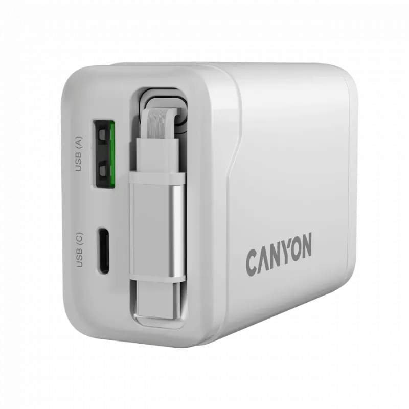 CANYON Ladegerät OnCharge 65RC mit integriertem USB-C-Kabel 65W, 1x PD, 1x QC, EU-Stecker, Weiß