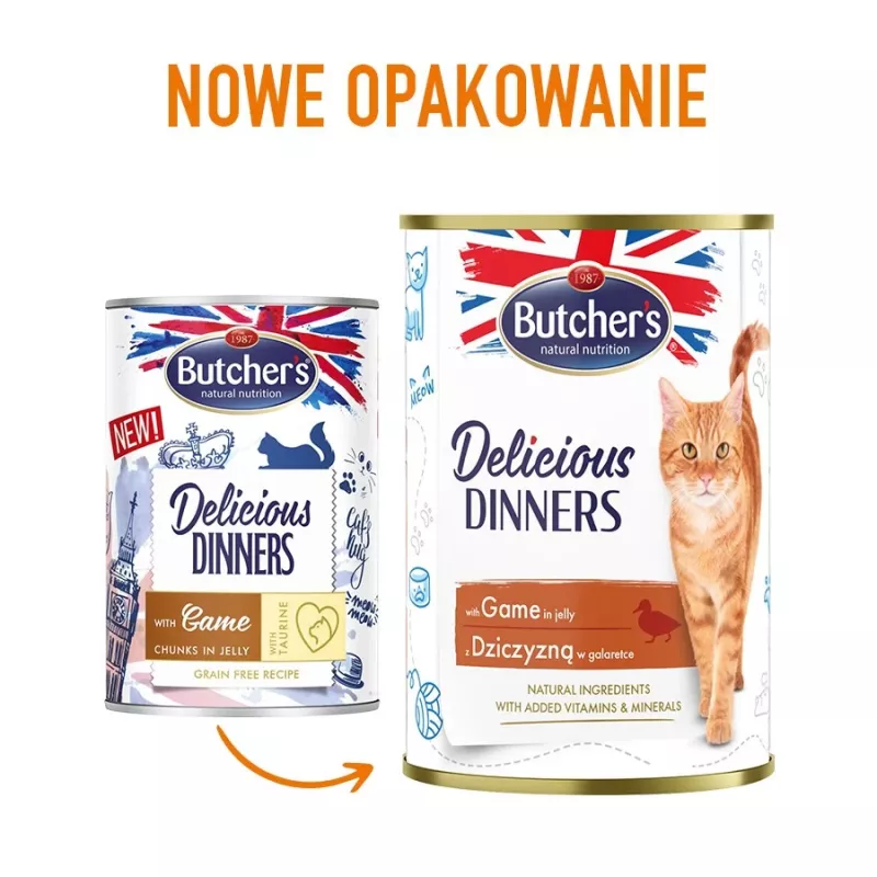 Nassfutter für Katzen butcher's Delicious Dinners 400 g — Ausgewachsen, Wildgeschmack, 82 % Feuchtigkeit, 8,5 % Protein, 5,5 % Fett