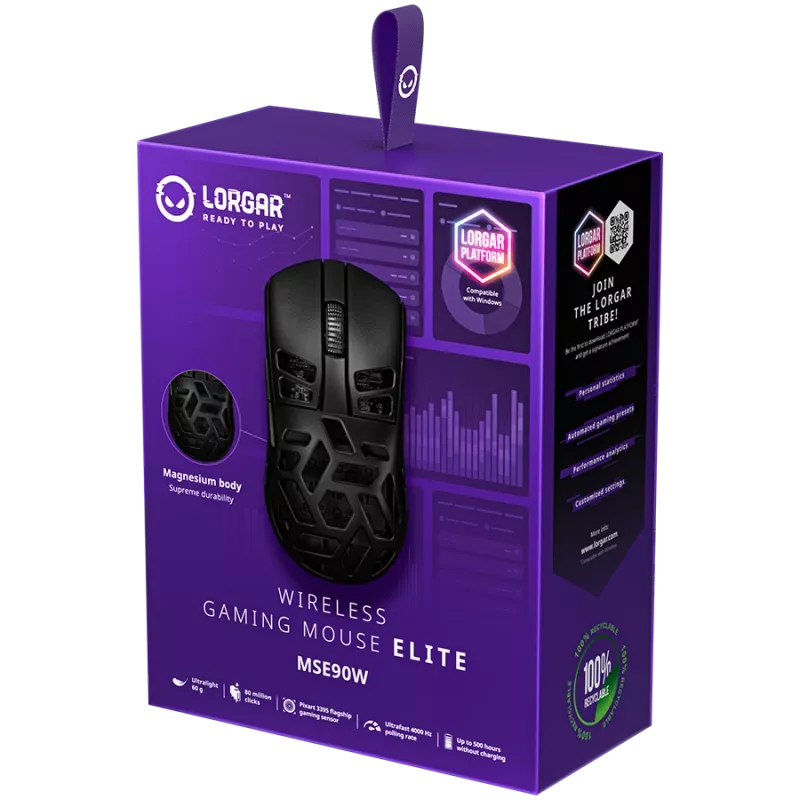 LORGAR MSE90W, Magnesiumlegierung Kabellose Gaming-Maus Elite, Schwarz