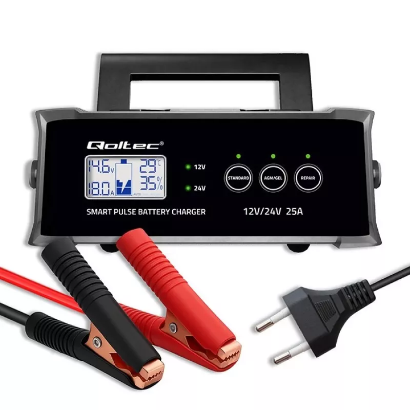 Batterieladegerät QOLTEC 52514 — 12V/24V, 25A, für AGM/GEL/SLA-Batterien mit LCD-Anzeige