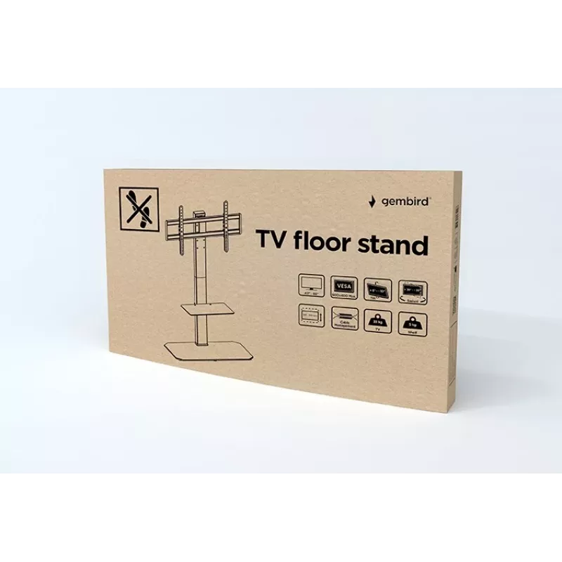 Boden-TV-Ständer GEMBIRD TVS-86ST-01 für 43–86 Zoll Fernseher, schwarz, Basis aus gehärtetem Glas, VESA 100x100–600x400, max. 60 kg
