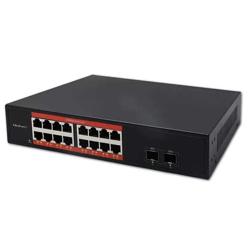 Netzwerk-Switch QOLTEC 52364 — Gigabit Ethernet PoE 16xRJ45, 2xSFP