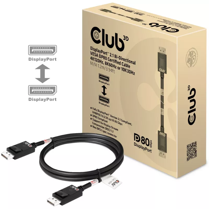 CLUB3D DisplayPort 2.1 Bi-Direktionales VESA DP80 Zertifiziertes Kabel 4K240Hz, 8K60Hz oder 10K30Hz M/M 1,2 m