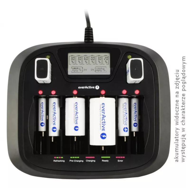Batterieladegerät everActive NC-900U Universal DC — lädt AA, AAA, C, D, 9V, bis zu 6 Zellen, schwarz