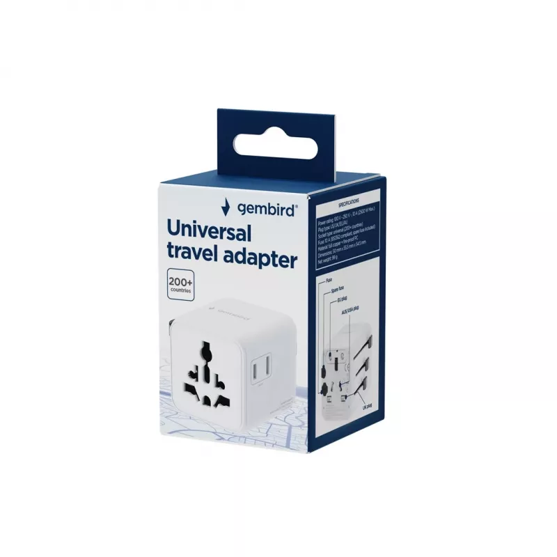 Universeller Reiseadapter GEMBIRD TPA-INT-01-W — Eingang 100–250 V, Typ-G-Stecker, kompakte Abmessungen 84×56×85 mm