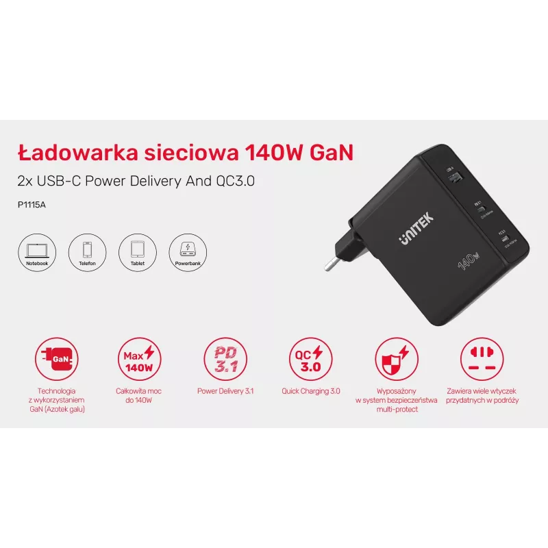 UNITEK P1115A Ladegerät für Mobilgeräte Schwarz