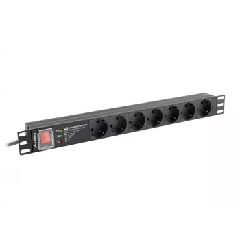 Stromverteilungseinheit LANBERG PDU-PRO-07F-0200-BK — 1U-Rack-PDU, 7 Typ-F-Steckdosen, 16 A, 2 m Kabel, schwarz