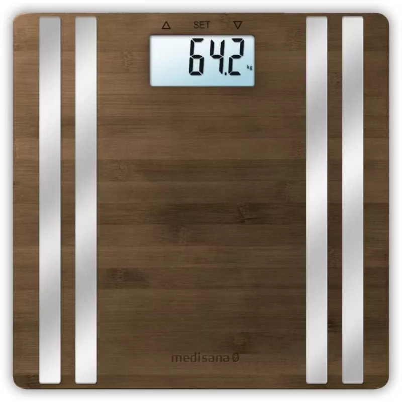 Elektronische Personenwaage Medisana BS 552 — silberfarben mit Bambus-Oberfläche, max. 180 kg, 100-g-Genauigkeit, Bluetooth, BMI, Körperzusammensetzung