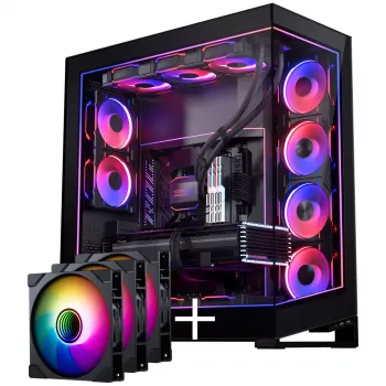 PHANTEKS NV Series NV7 E-ATX-Gehäuse, gehärtetes Glas, ARGB - schwarz & M25 Gen2 PWM D-RGB-Lüfter 3er-Pack - Reverse Blade, 140 mm + DRGB-Kit
