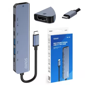 USB Typ-C Hub SAVIO AK-82 mit HDMI, MicroSD, USB 3.2 Gen1, PD-Durchgang, 4K@30Hz, 5000 Mbit/s, schwarz