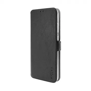 Leder-Buchhülle FIXED für Xiaomi Redmi 14C, schwarz — Vorder- und Rückseitenschutz