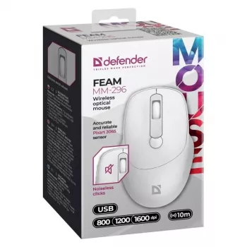 Kabellose Maus DEFENDER 52297 Silent Click – beidhändig, 2,4 GHz Nano-USB, 1600 DPI, weiß