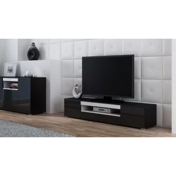 TV-Ständer cama meble VIVA 180 — 1800×400×370 mm, schwarze Deckplatte (Spanplatte), schwarzer Rahmen, weiße Akzente