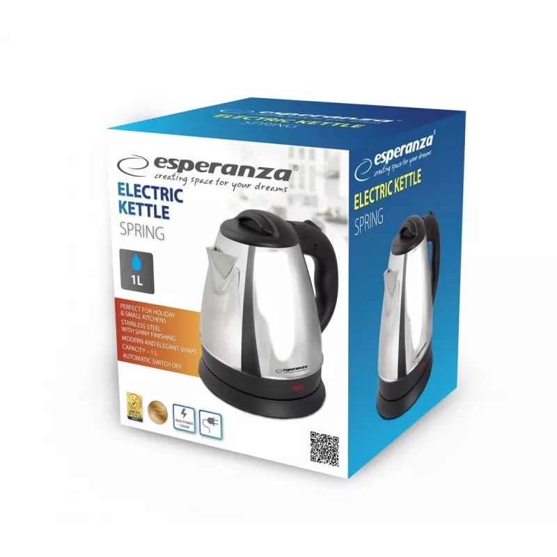 Wasserkocher ESPERANZA 1,0 L Edelstahl und Kunststoff, 1350 W, kabellos, automatische Abschaltung