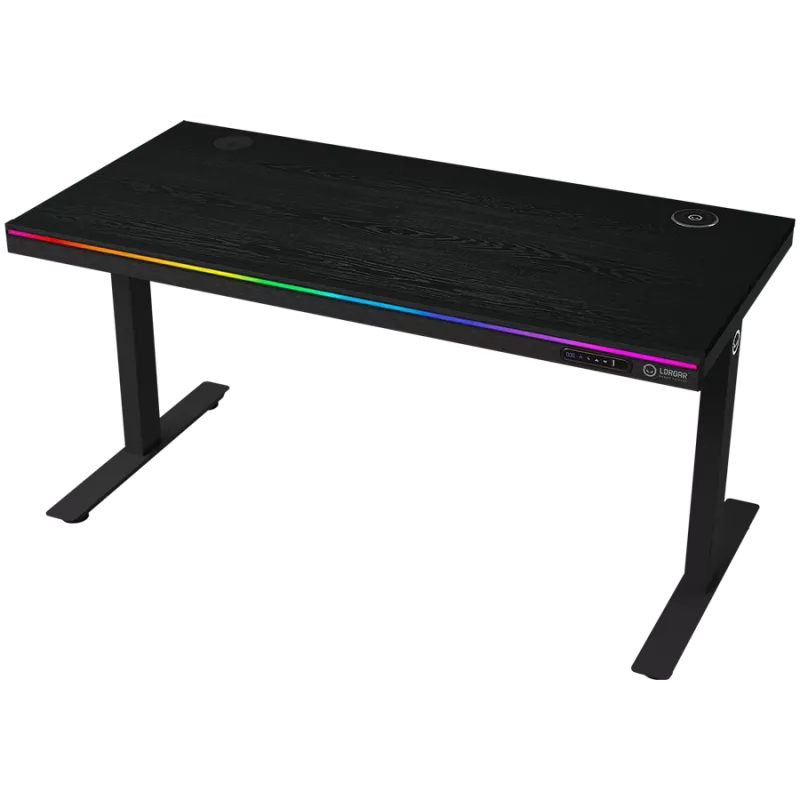 Höhenverstellbarer Gaming-Tisch mit Doppelmotor, kabellosem Ladegerät, RGB-Beleuchtung, Bedienfeld und USB-Anschlüssen, Tischplatte mit PB-Melamin-Oberfläche, schwarz