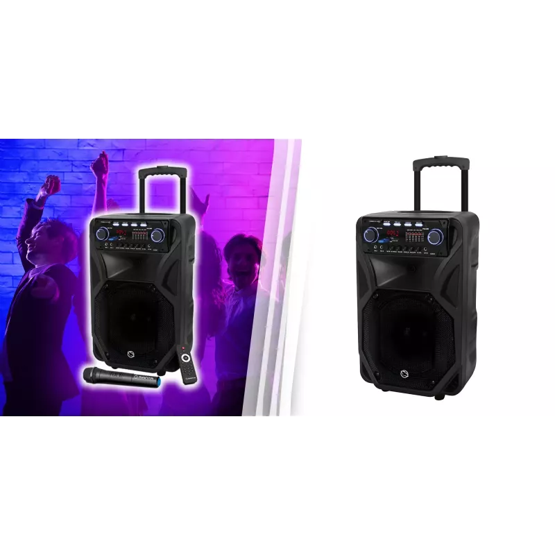 Tragbarer Karaoke-Lautsprecher MANTA SPK5021PRO 20W, 12-Zoll-Tieftöner, 80W RMS, Bluetooth, Akkulaufzeit bis zu 5 Std., SD/USB, Mikrofon- und Gitarreneingänge