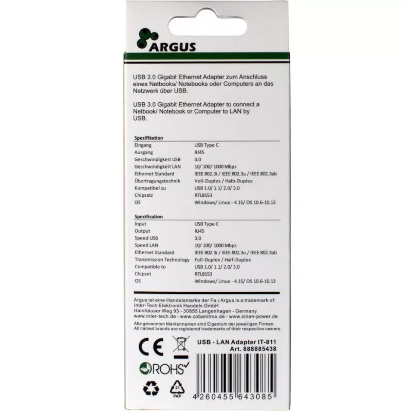 Inter-Tech Argus IT-811 - Netzwerkadapter - USB-C - Gigabit-Ethernet - Schwarz (88885438)