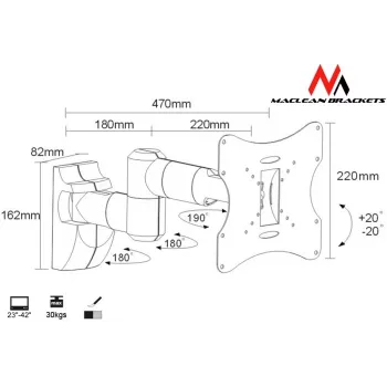 Wandhalterung MACLEAN MC-503A S für 23 Zoll–42 Zoll Bildschirme, neigbar ±20°, VESA 75×75–200×200, 30 kg, silber
