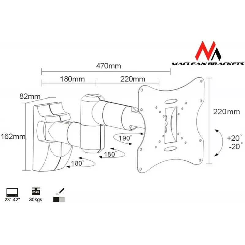 Wandhalterung MACLEAN MC-503A S für 23 Zoll–42 Zoll Bildschirme, neigbar ±20°, VESA 75×75–200×200, 30 kg, silber