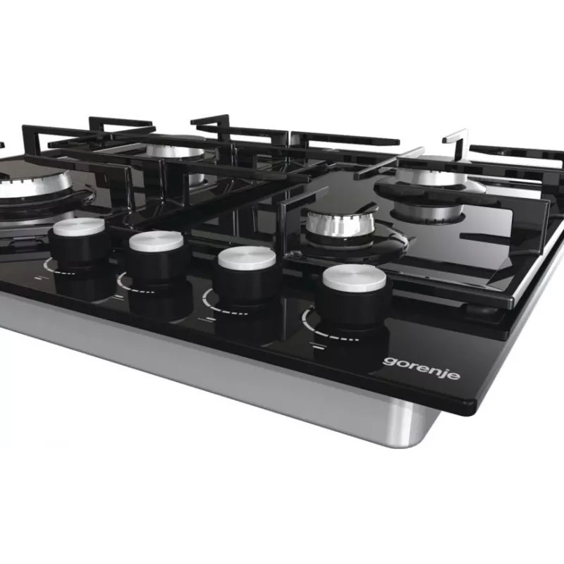 Gasherd Gorenje GT641KB, Einbau 60 cm, 4 Gaszonen, gehärtetes Glas, Gusseisenroste, Drehknöpfe