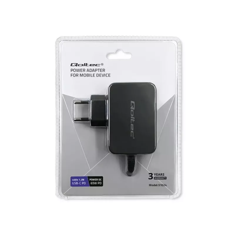 Mobiles Ladegerät QOLTEC 51024 – Universelles AC-Indoor-Ladegerät, 65 W PD, 20 V/3,25 A, 1,2 m Kabel, Schwarz