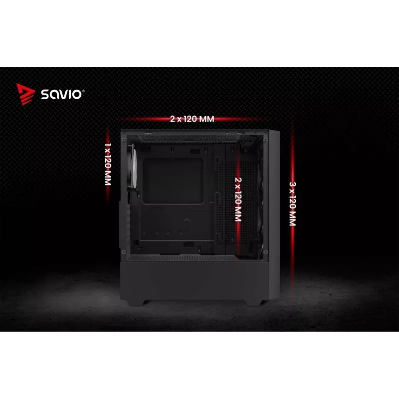 PC-Gehäuse SAVIO Noctis Flow RGB — Cube, ATX/Mini-ITX, 3x 120 mm Frontlüfter, Seitenfenster aus gehärtetem Glas, max. GPU 35 cm