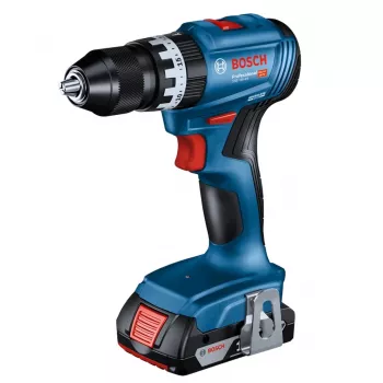 Akkubohrschrauber Bosch GSB 18 V — 18 V, 4 Ah Li‑Ion, 45 N·m, 500/1900 U/min, 35 mm Holz, 10 mm Stahl, 2 Batterien, Ladegerät, Koffer