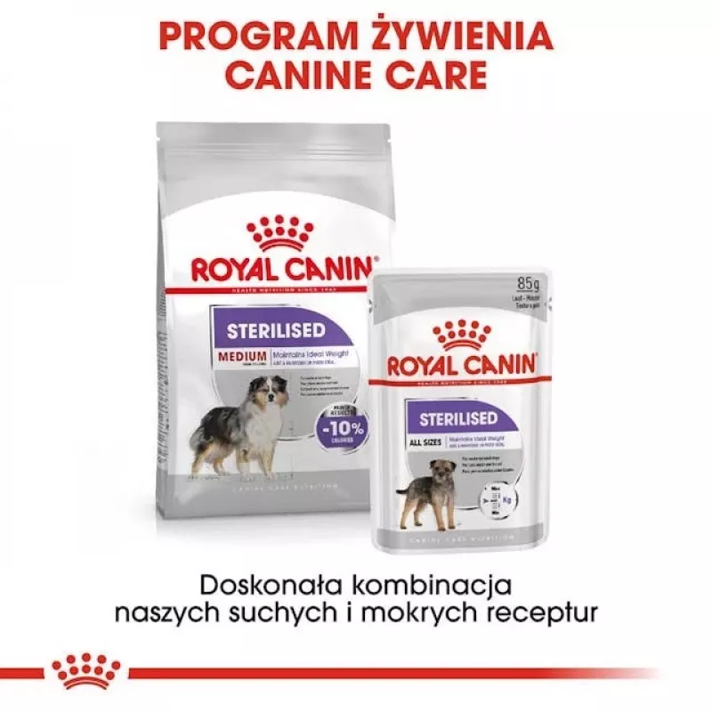Trockenhundefutter Royal Canin Medium Sterilised Adult 12 kg — für sterilisierte ausgewachsene Hunde mittelgroßer Rassen, Geflügel, Protein 28%, Fett 13%