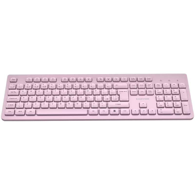 Wireless Tastatur CANYON HKB-W01 — kompaktes pinkfarbenes Layout, UK/US-Tastenkappen