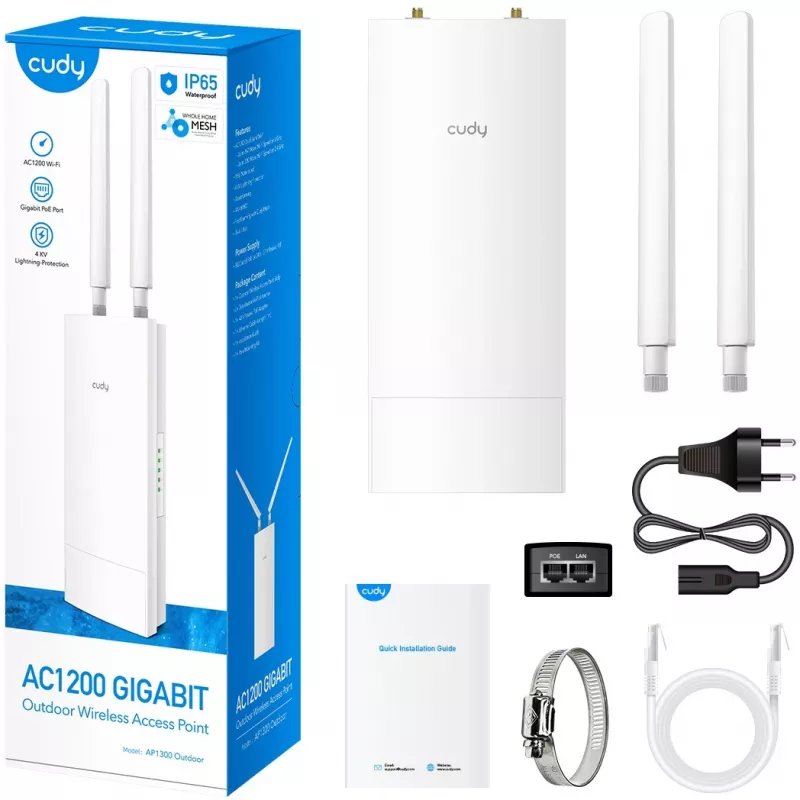 Access Point Cudy AP1300 Outdoor — Dualband 2,4/5 GHz, 300/867 Mbit/s, IP65, PoE, 2 externe RP‑SMA-Antennen