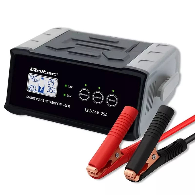 Batterieladegerät QOLTEC 52514 — 12V/24V, 25A, für AGM/GEL/SLA-Batterien mit LCD-Anzeige