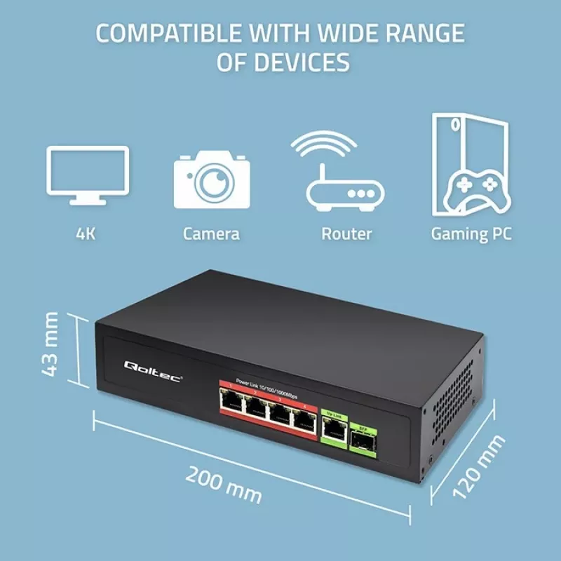 Ethernet PoE Switch QOLTEC 52296 — 4x RJ45 PoE-Ports, 1x RJ45 Uplink