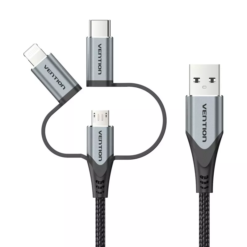 Vention USB 2.0 A Stecker auf 3-in-1 Micro-B&USB-C&Lightning Stecker Kabel 1M Grau Aluminiumlegierung