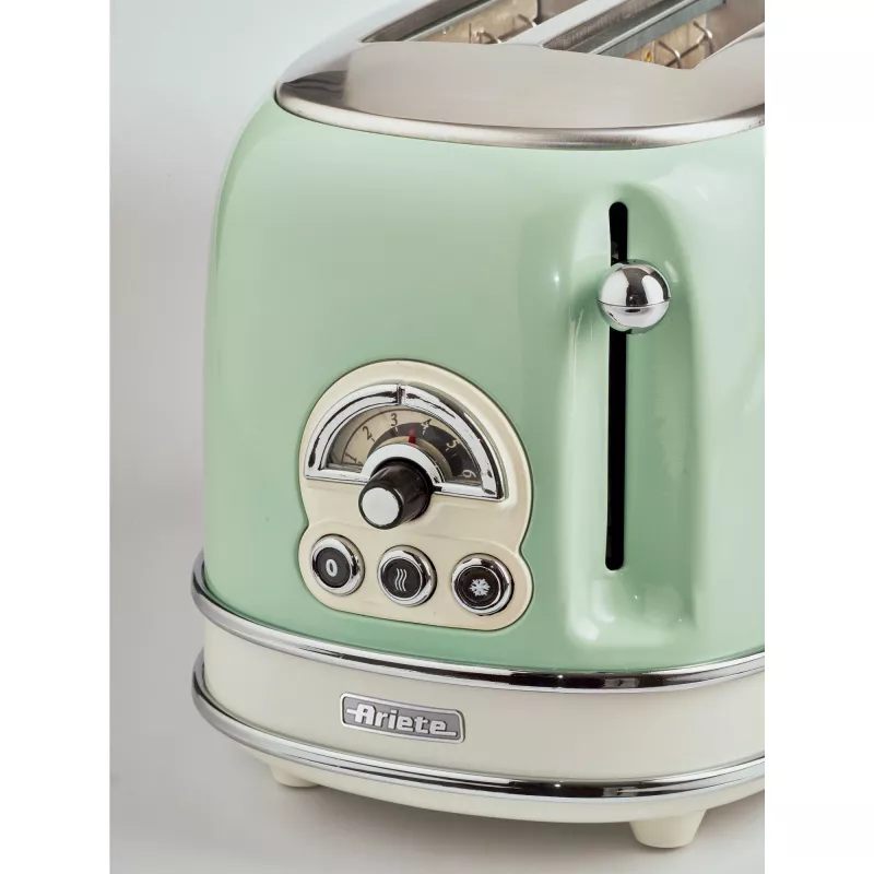 Ariete 155 Design 2-Scheiben-Toaster mit Sandwichkörben, 6 Bräunungsstufen, 810 W, Edelstahlgehäuse, herausnehmbare Krümelschublade, Pastellgrün