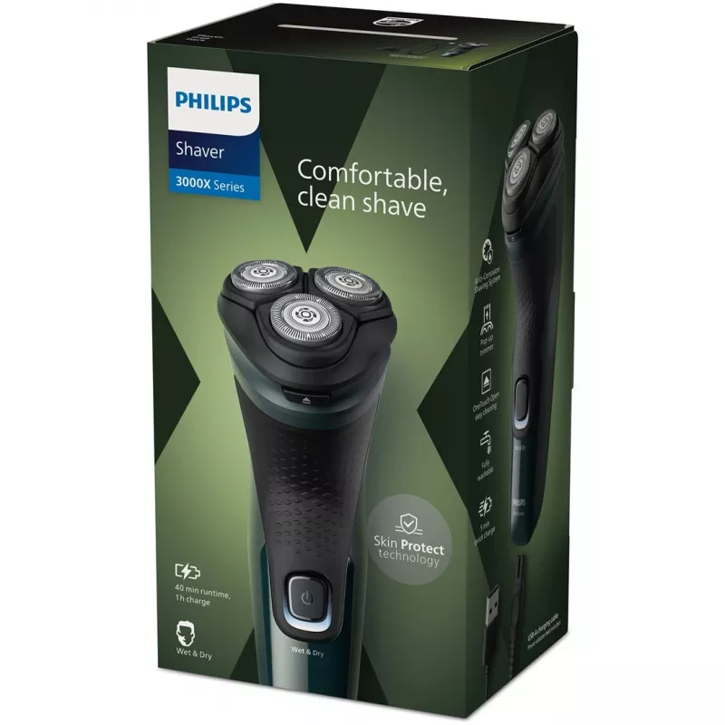 Elektrischer Rotationsrasierer Philips 3000X Series X3002/00 – 3-Kopf Nass- & Trockenrasierer, kabellos, NiMH-Akku, 40 Minuten Laufzeit