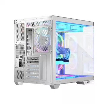 PC-Gehäuse MODECOM Volcano Panorama Midi Tower weiß — micro ATX, gehärtetes Glas, ARGB, USB-C, unterstützt GPU 400 mm