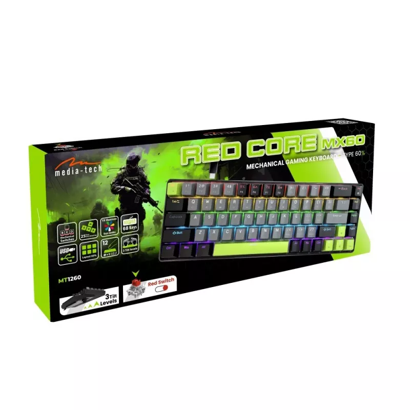 Mechanische Tastatur MEDIA-TECH MT1260 Red Core MX60, 60% Formfaktor, CHERRY MX Red Schalter, RGB-Beleuchtung, USB, grün