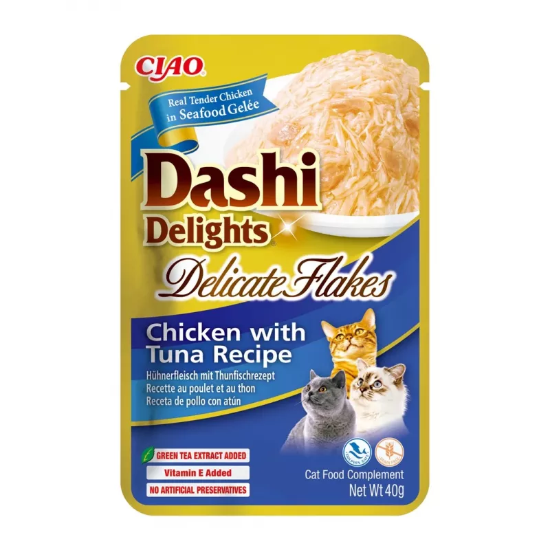 Feuchte Katzenleckerlis INABA Dashi Delights Delicate Flakes Huhn mit Thunfisch 40 g Beutel