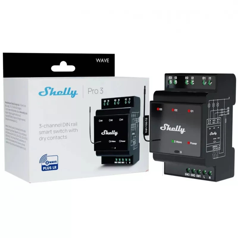 Intelligentes Relais Shelly Wave PRO 3 — schwarz, Kunststoffgehäuse, 110–240 V AC, 50–60 Hz, 0,3 W, 53×59×96 mm