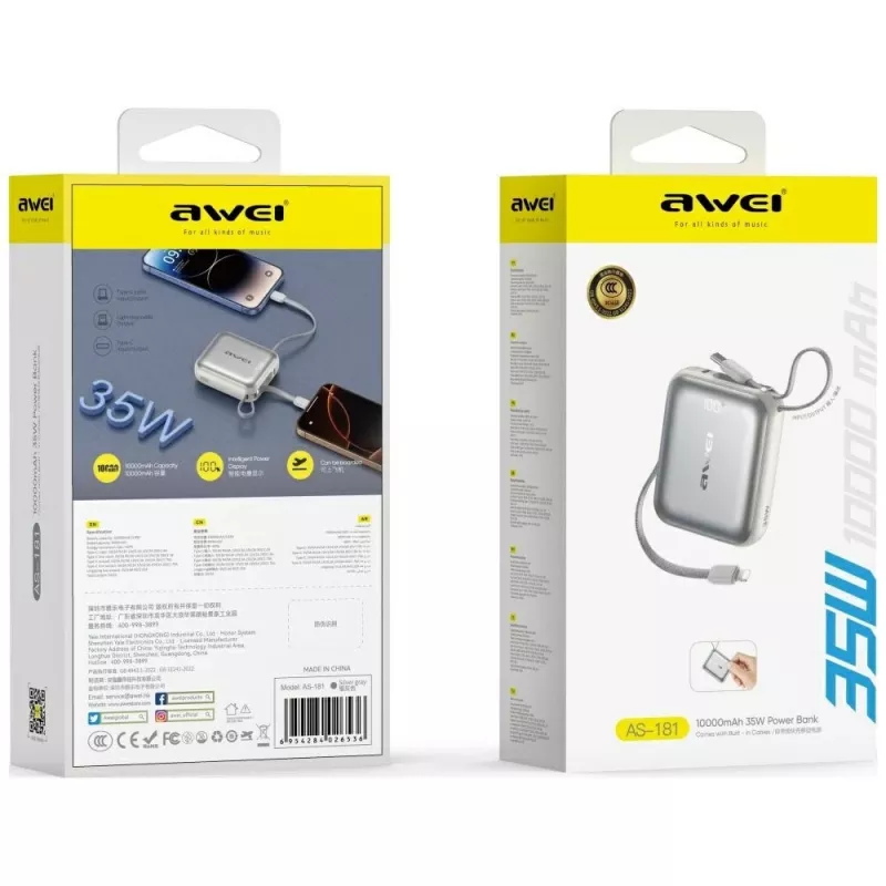 Powerbank Awei AS-181 10000mAh 35W mit integriertem Kabel